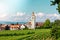 Panoramic view of lake of Lake Constance. Zeppelin and Catholic Church St. Johann Baptist in Hagnau on the picture