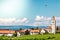 Panoramic view of lake of Lake Constance. Zeppelin and Catholic Church St. Johann Baptist in Hagnau on the picture