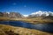 Panoramic view of the lake in spectacular high mountains, Cordillera, Andes, Peru