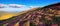 Panoramic view in lawn with rhododendron flowers. Mountains landscapes. Location Carpathian mountain, Ukraine, Europe. Beautiful