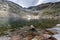 Panoramic view of Ledenoto Ice Lake and clouds over Musala Peak, Rila mountain, Bulgaria