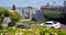 Panoramic view of Lombard Street switchback against San Francisco skyline