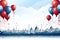 Panoramic View of London Skyline with Balloons and Confetti (AI generated)
