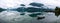 Panoramic view of Lustrafjorden covered with mist. Hoyheimsvik, Norway