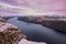 Panoramic view of Lysefjord from the Preikestolen Pulpit Rock, beautiful colors at sunset, Ryfylke, Rogaland, Norway