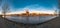 Panoramic view of Magnificent Cathedral, Elbe river in golden sunrise colors at downtown of Magdeburg, city center, Magdeburg,