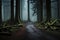 Panoramic view of the majestic evergreen forest in a morning fog. Mighty tree silhouettes. Atmospheric dreamlike autumn landscape