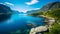 Panoramic View of a majestic Fjord with steep Cliffs and deep blue Water