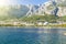 Panoramic view of Makarska coast architecture seascape with high mountains on background, Croatia