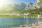 Panoramic view of Makarska coast architecture seascape with high mountains on background, Croatia