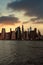 Panoramic view of Manhattan skyline during subset in New York City, NY