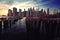Panoramic view of Manhattan skyline during subset in New York City, NY.