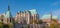 Panoramic view of Maria Magdalena Chapel, Saint Petri Church and Evangelical Church at Autumn in Magdeburg, Germany, at sunny day