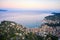 Panoramic view of marina in Santa Margherita Ligure at purple sunset. Italian landscape with colorful traditional houses