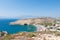 Panoramic view of Matala sandy beach and village on the island of Crete, Greece.