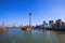 Panoramic view from medienhafen on Gehry houses, tv tower and bridge against deep blue cloudless sky in winter