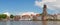 Panoramic view of the medieval Dutch city Deventer with the Great Church of Lebuinesker alongside the IJssel river