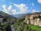Panoramic view of the medieval fortified town Prats de Mollo la Preste, Tech river and mountains, Pyrenees Orientales, southern