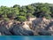 Panoramic view of the mediterranean coast, Greece, rocks, pine trees on the shore