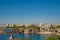 Panoramic view of Mediterranean seacoast, mountains, beach and resort hotels, and observation binocular at Antalya historical