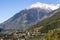 Panoramic view of Merano in Italy with mountains in background.