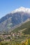 Panoramic view of Merano in Italy with mountains in background.