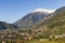 Panoramic view of Merano in Italy with mountains in background.