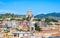 Panoramic view of Messina. Votive Temple of Christ the King or Tempio di Cristo Re on hill over town as memorial to