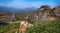 Panoramic view of Meteora monasteries. Monastery of Rousanou and Monastery of St. Nicholas Anapavsa in Greece