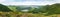 Panoramic view from the Miradouro da Grota do Inferno viewpoint showing three crater lakes at Sete Cidades on SÃ£o Miguel Island