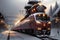 The Panoramic View of a Modern Motorized Train\\\'s Passage Through a Snow Covered Town. AI generated