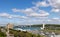 Panoramic view of Montreal historic town neighbourhood, Old Port of Montreal with lighthouse and clock tower and