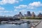 Panoramic view of Montreal modern skyline of downtown financial city center and Old Port of Montreal facing Saint