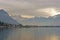 Panoramic View of Montreux and Lake Geneva at sunset in winter