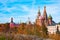 Panoramic view of Moscow Kremlin and Cathedral of Vasily Blessed from park Zaryadye, Russia