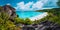 Panoramic view of most spectacular tropical beach Grande Anse on La Digue Island, Seychelles. Vacation holidays relaxing