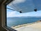 Panoramic view from the motorhome to the sea in the parking lot at the entrance of Nessebar resort, Bulgaria