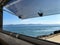 Panoramic view from the motorhome to the sea in the parking lot at the entrance of Nessebar resort, Bulgaria