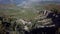 Panoramic view of mountain hikes and autumn forest trees in national park in the united states. Aerial wide shot