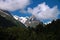 Panoramic view of the mountain peaks of the Caucasus, high mountains above the clouds