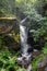 Panoramic view on mountain waterfalls, green forests and apline meadows near Saint-Gervais-les-Bains, Savoy. France