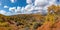 Panoramic view of the mountains of Serrania de Ronda and the chestnut forest in autumn. Trekking route, scenic, around the