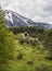 Panoramic view of the mountains in the snow, chalets and forest on the Greek island of Evia, Greece