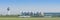 Panoramic view of Munich international airport with taxiing airliner
