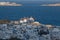 panoramic view of the Mykonos town harbor from the above hills on a sunny summer day, Mykonos, Cyclades, Greece