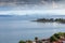 Panoramic view of Nafpaktos town and cable bridge between Rio and Antirrio, Greece