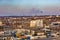 Panoramic view on new quarter high-rise building area urban development residential quarter in the evening from a bird`s eye view