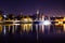 Panoramic view of Night Wroclaw City, Odra river and reflections of historical buildings in it