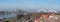 Panoramic view of Novi Sad, Serbia cityscape with two bridges, Danube river and part of the Petrovaradin fortress in the beautiful