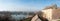 Panoramic view of Novi Sad, Serbia cityscape with two bridges, Danube river and part of the Petrovaradin fortress in the beautiful